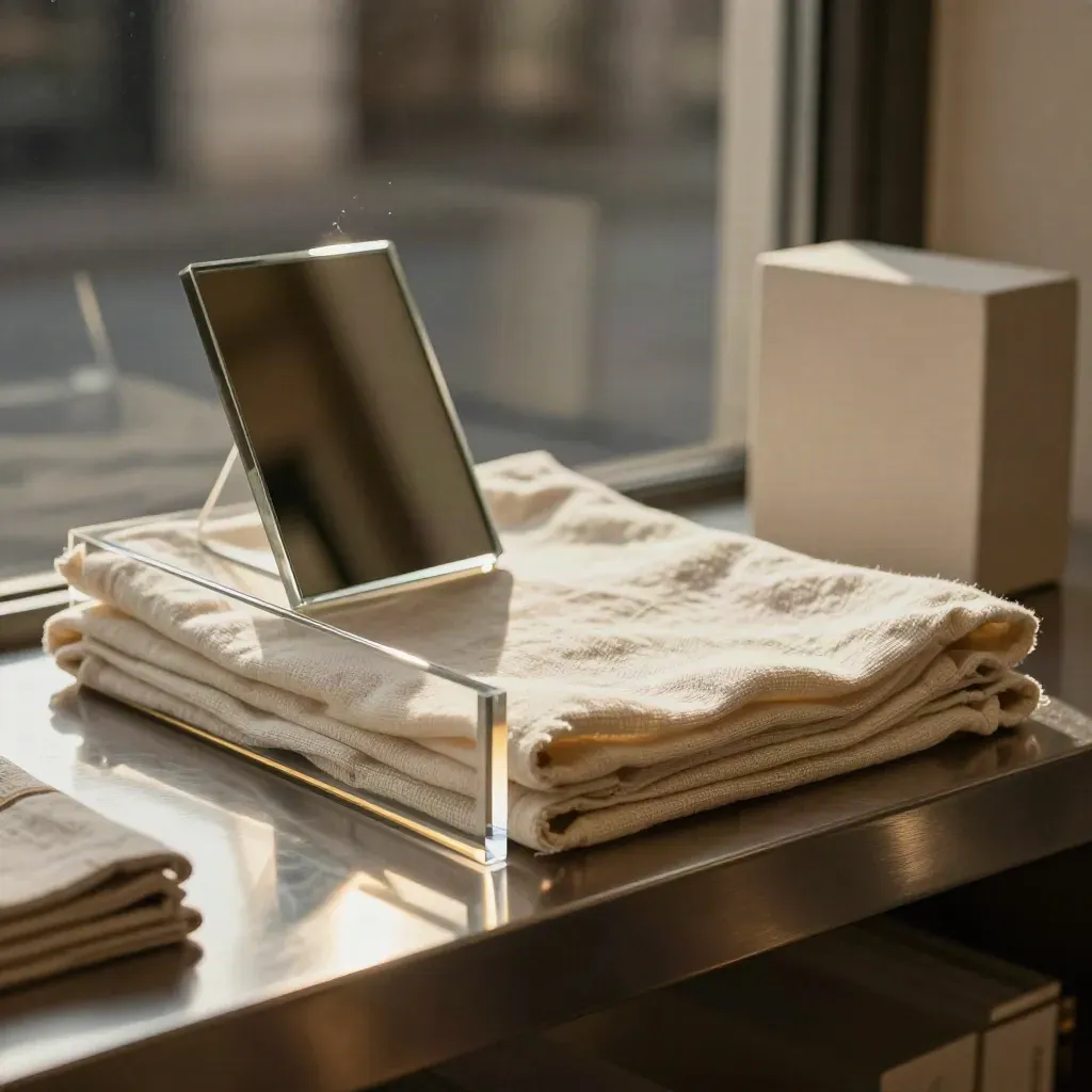Espositore vetrina elegante con acrilico, specchio, lino piegato e blocco ceramico.