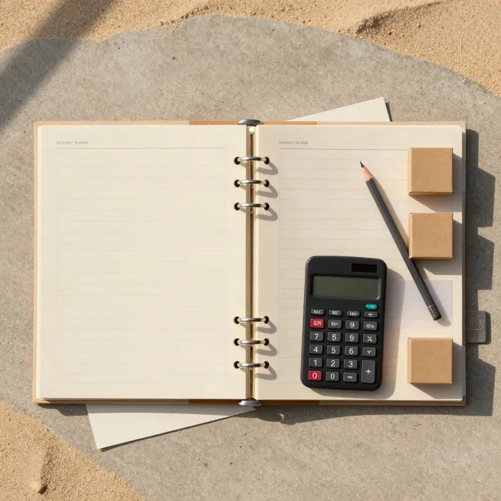 Flat lay di piano scorte mensile con divisori, calcolatrice e cartoni campione su pietra chiara.