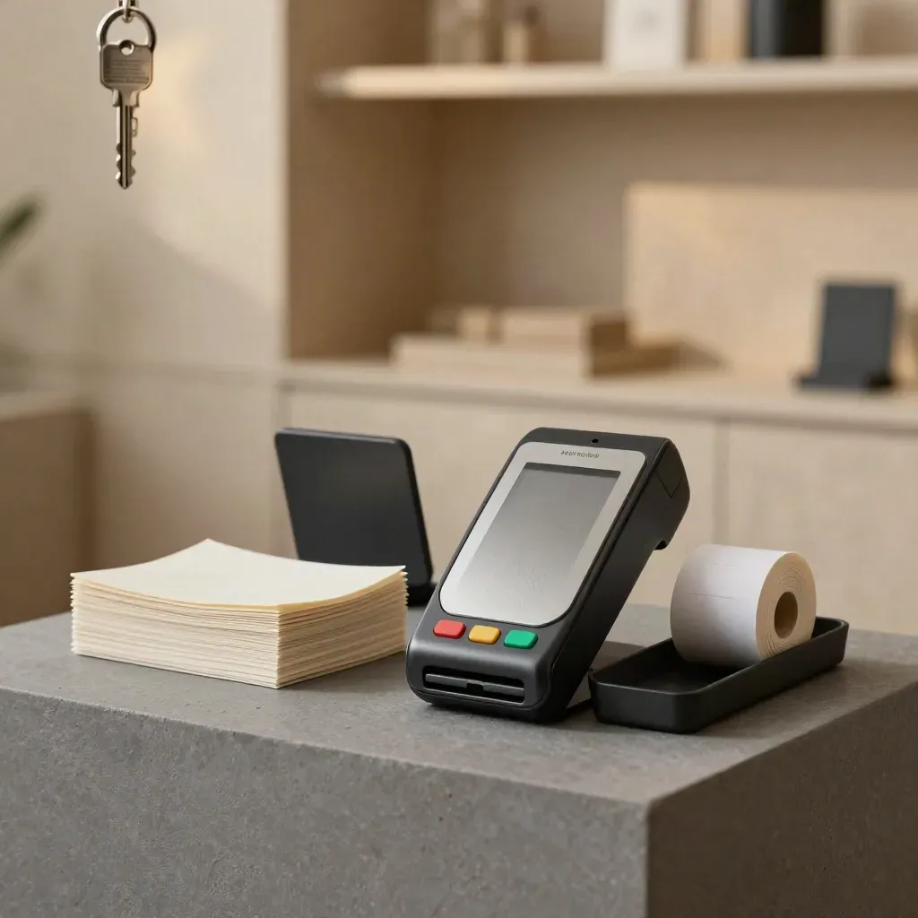 Kit POS elegante su base chiara con terminale, supporto contactless e tessuto piegato.