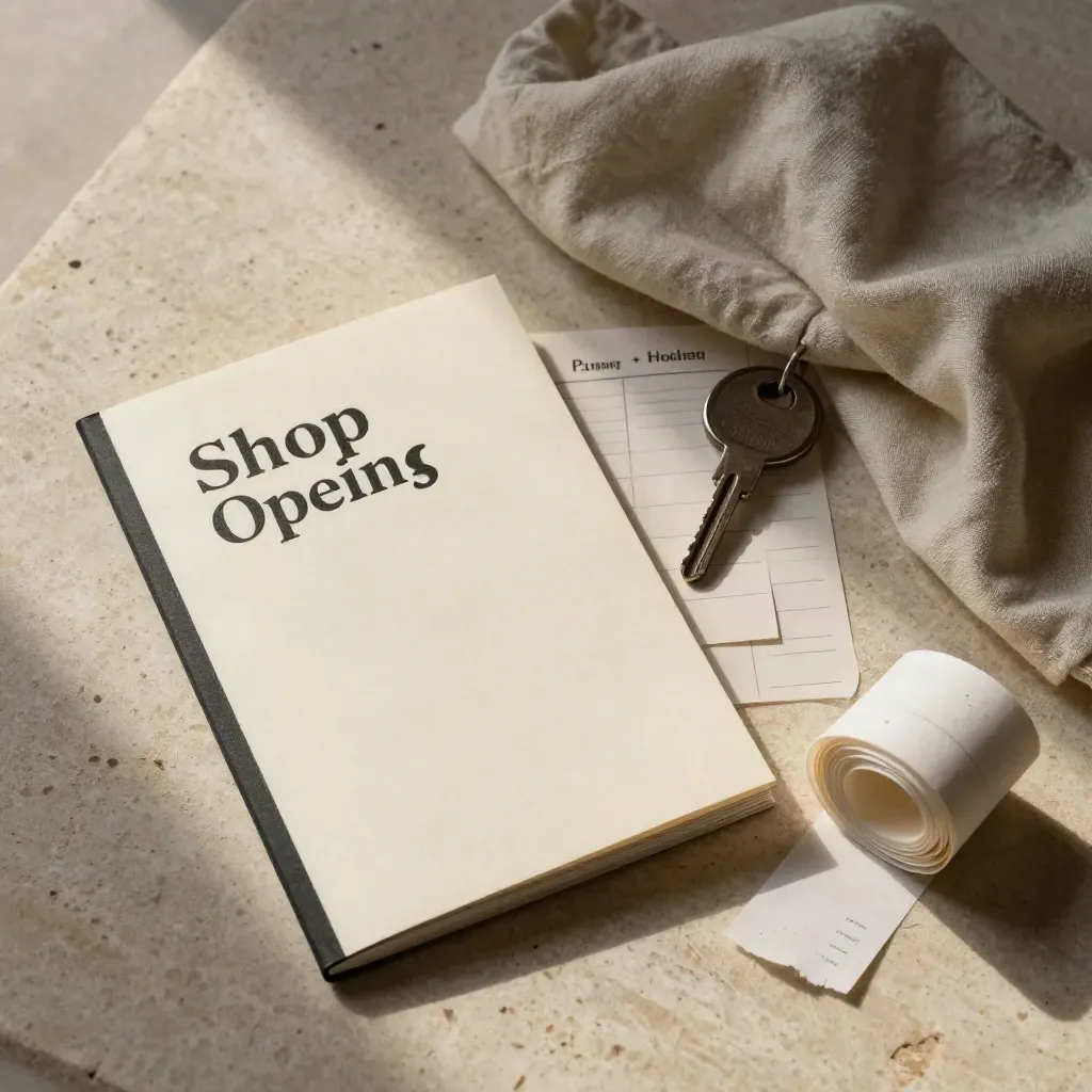Booklet per apertura negozio, chiave e scontrino su pietra travertino, luce morbida.