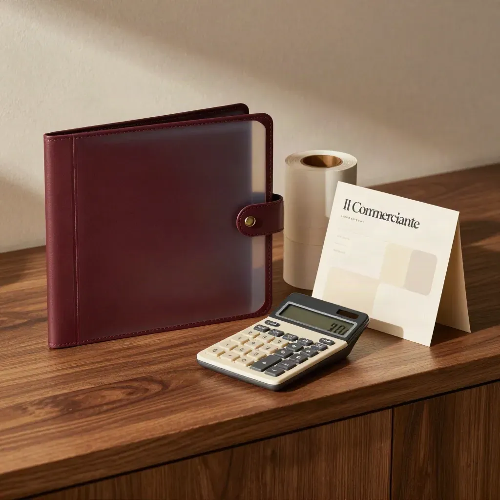 Folio chiuso per analisi vendite con calcolatrice e rotoli scontrini su banco in legno