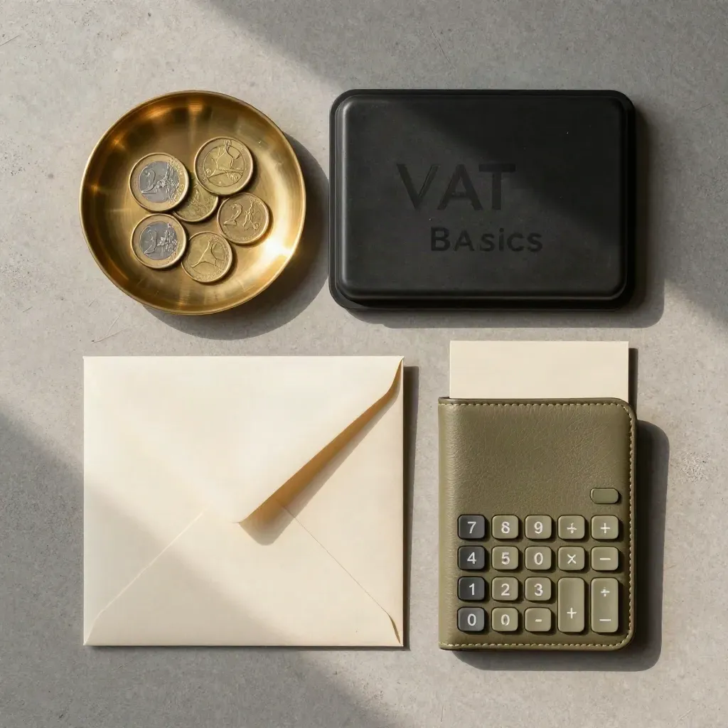 Flatlay dall’alto con timbro, vassoio monete, buste e custodia calcolatrice su pietra chiara.