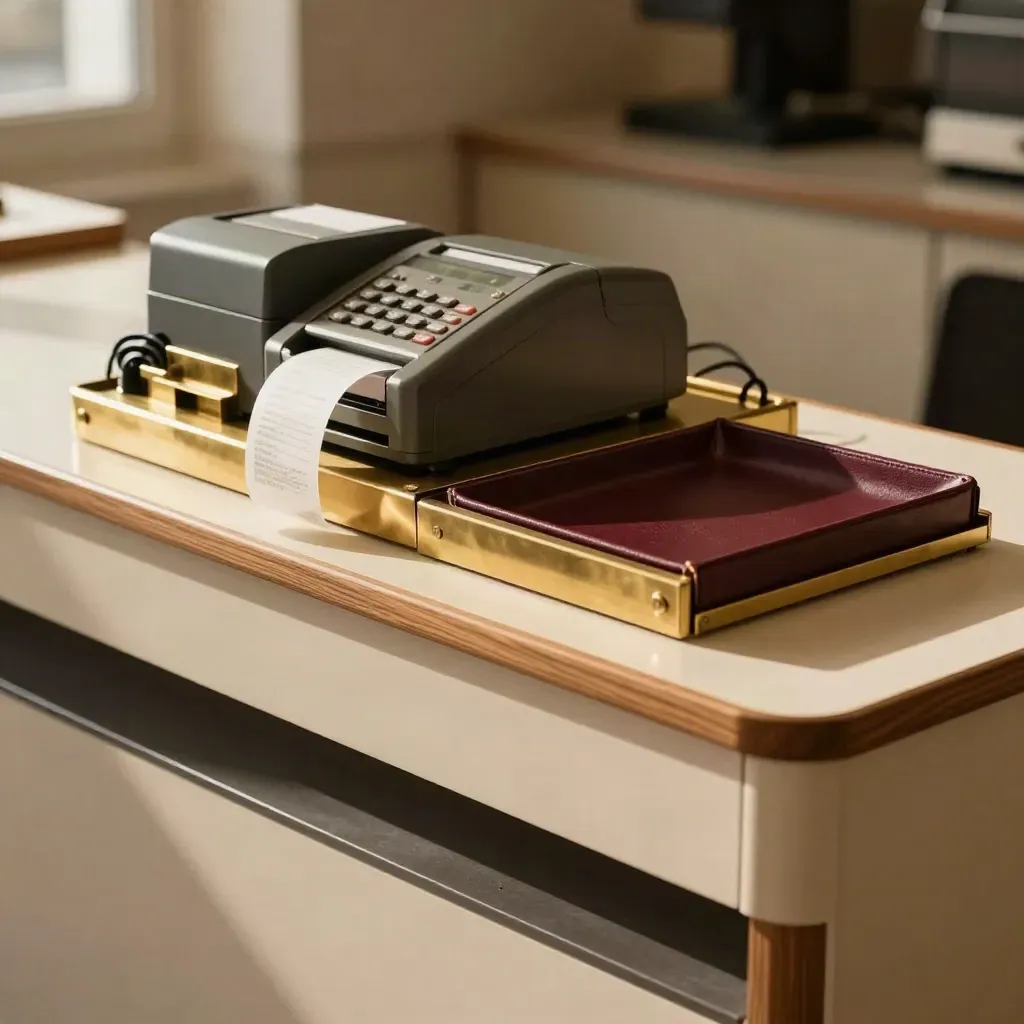 Banco cassa con terminale POS, dock pagamenti, rotoli scontrino e dettagli in ottone.
