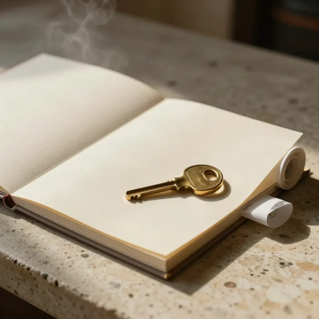 Booklet chiuso con chiave in ottone e bobina scontrino su pietra grezza, luce morbida.