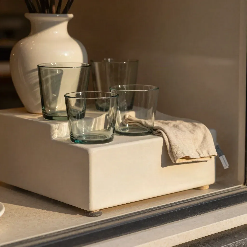 Kit vetrina con riser neutri, vetro, lino piegato e base in ceramica su superficie chiara.