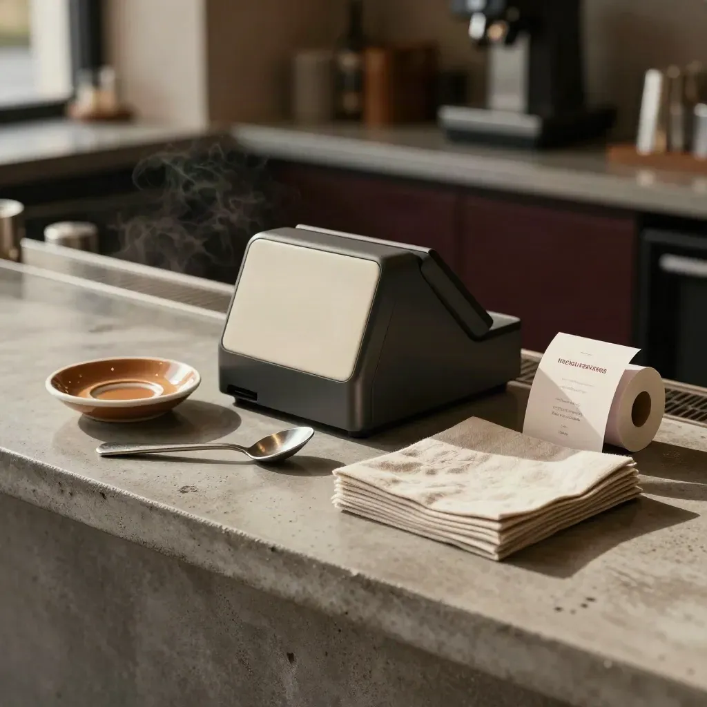 Bundle per bar e caffè con POS, cucchiaino, piattino, tovaglioli e rotolo scontrini