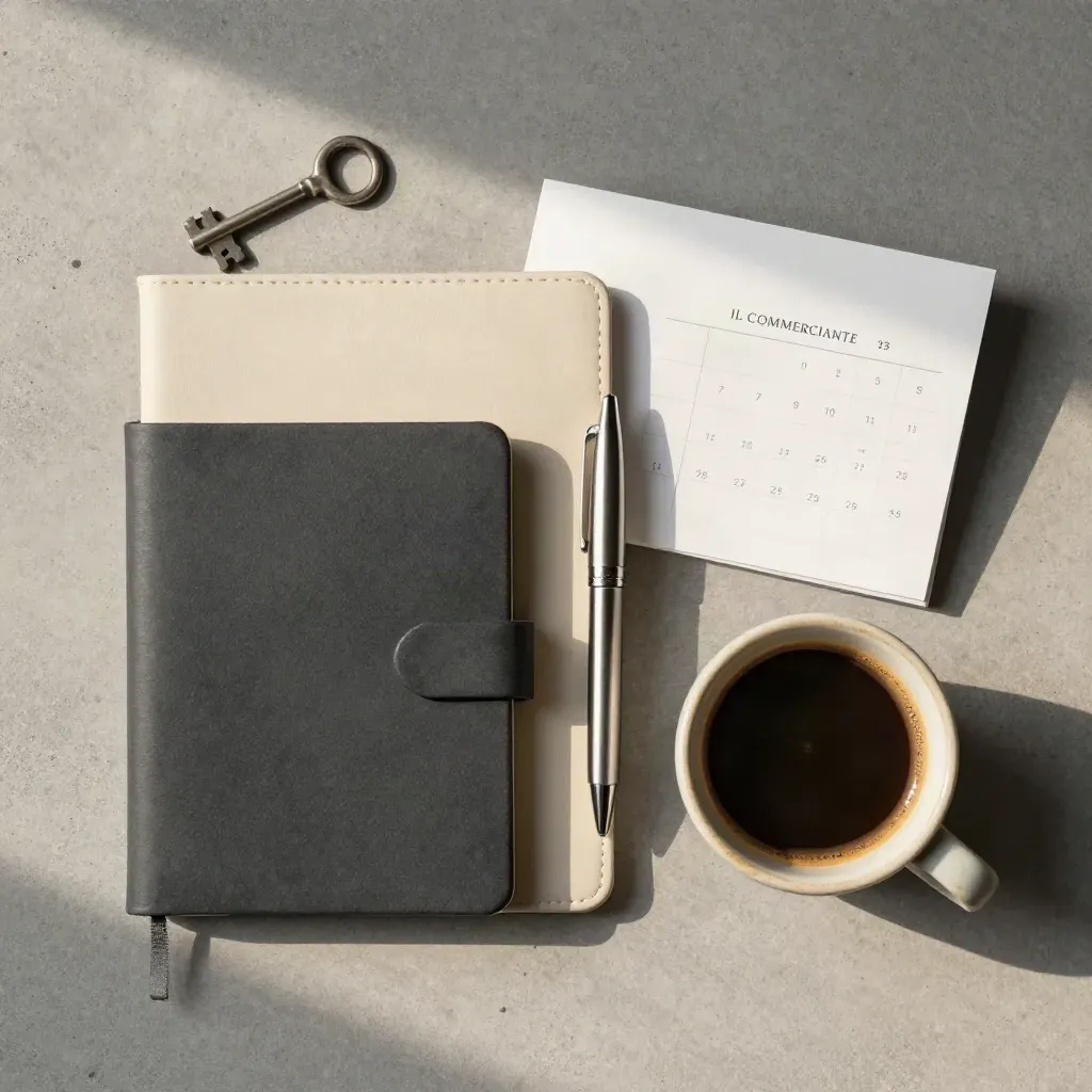 Flatlay dall’alto con tablet, taccuino, penna, tazza di caffè e card per videocall.