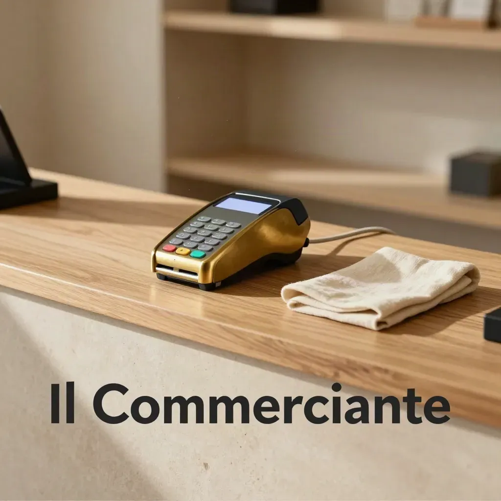 Terminale POS su banco in legno chiaro con ottone e luce calda, sfondo neutro.