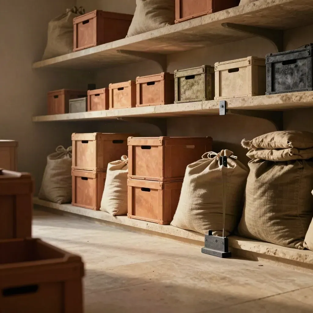 Magazzino elegante con casse in terracotta, sacchi di lino e ripiani in pietra