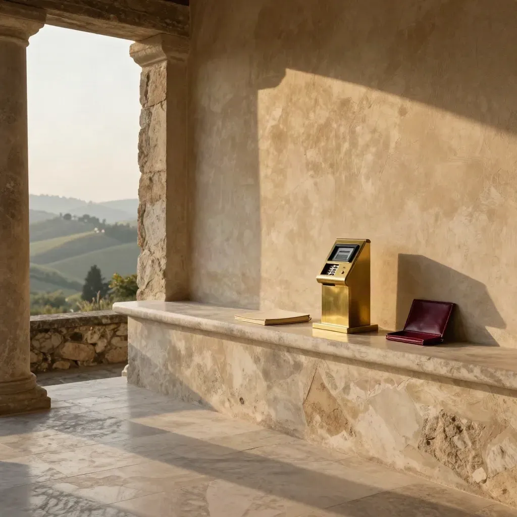 Loggia in pietra al tramonto con dettagli in ottone e spazio libero per il testo.